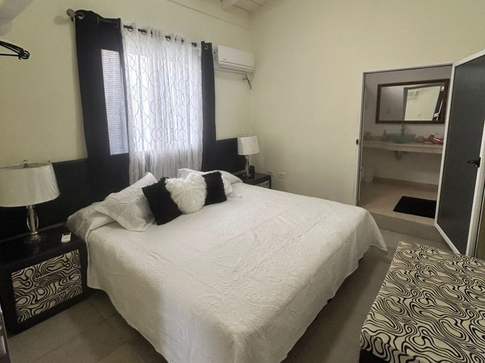 Bedroom with queen bed and bathroom